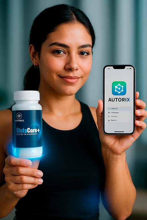 AUTORIX y frasco de GlutaCore+ iluminados - Sistema automatizado para generar ingresos