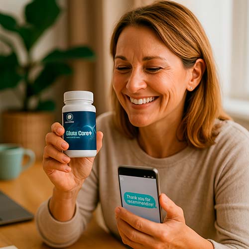 Persona sonriente mostrando frasco de GlutaCore+ en entorno cotidiano